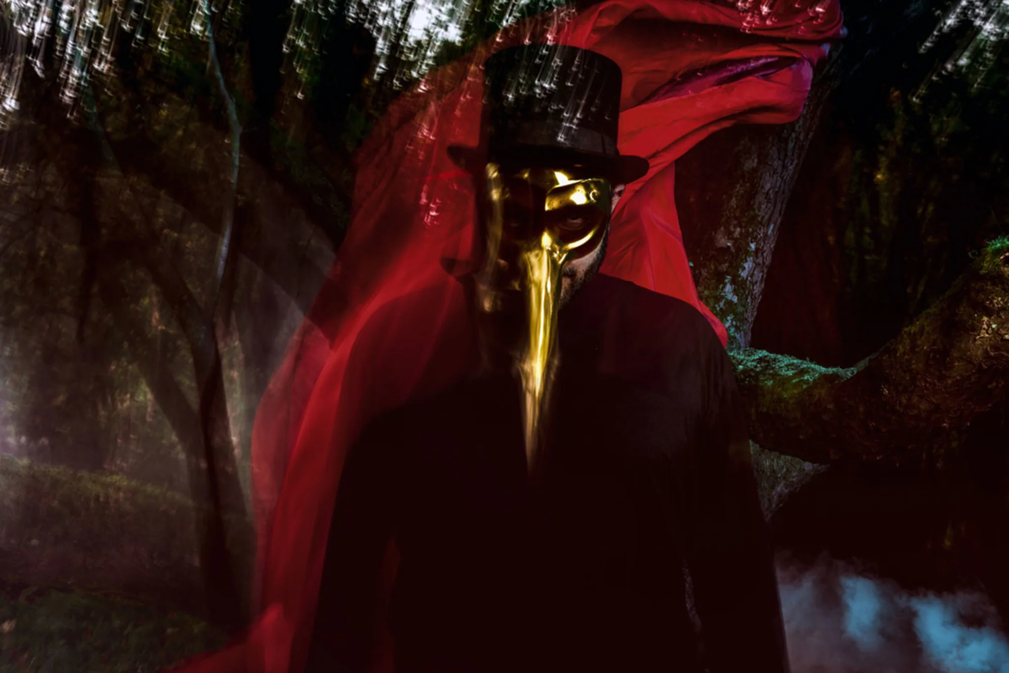 Claptone in a forest at night, red cloak and golden mask