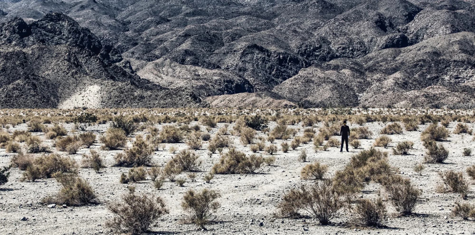A small figure of Claptone in a wide desert valley